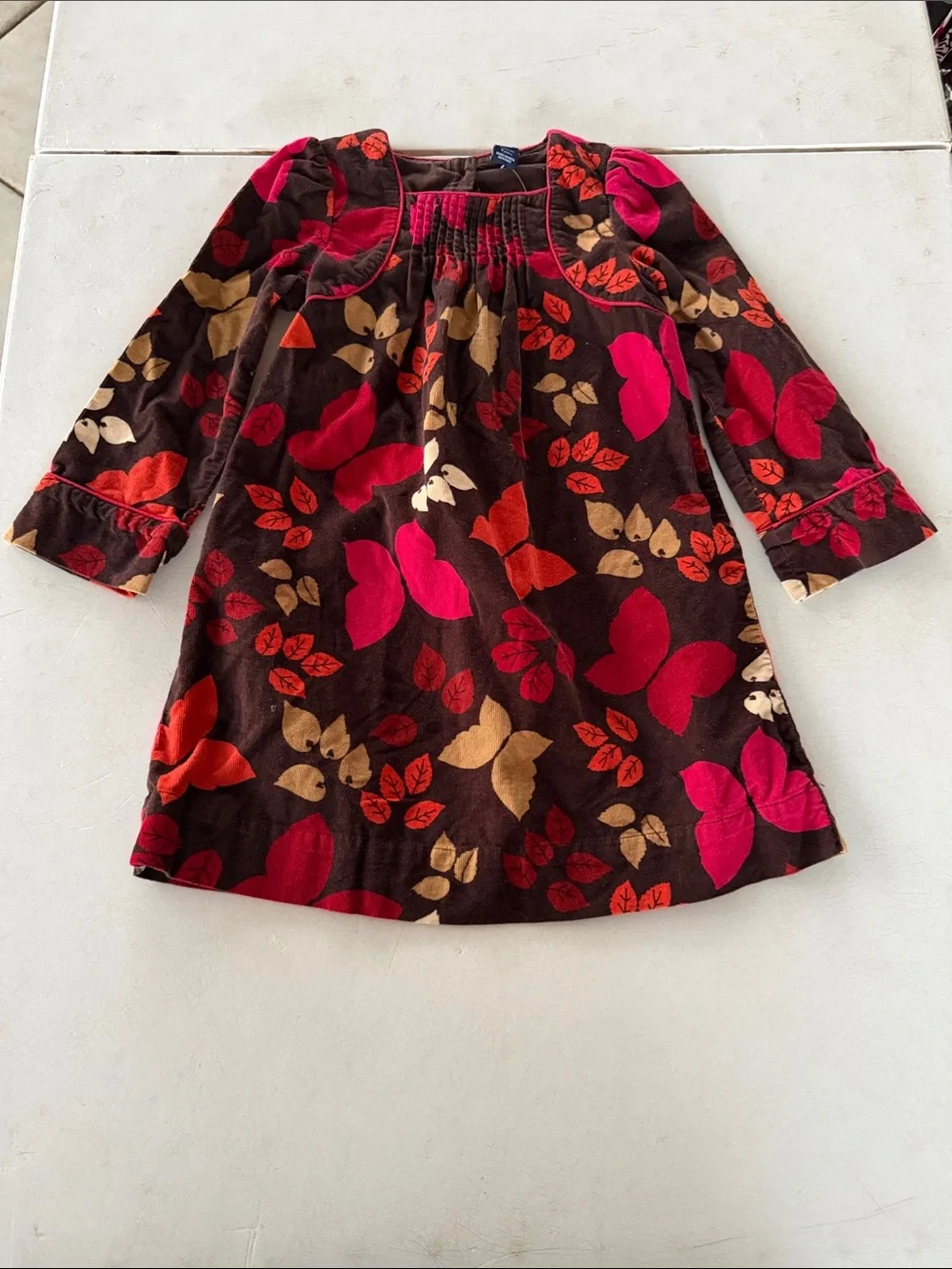 BabyGAP Brown Corduroy Dress with Butterfly Pink & Red Leaf Print